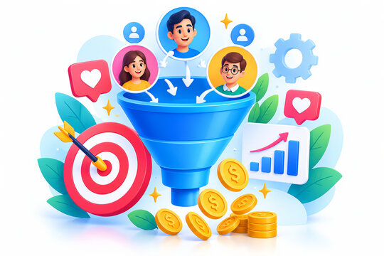 Colorful 3D marketing funnel with target, coins, and user avatars for business growth concepts