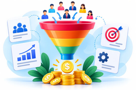 Colorful 3D sales funnel with converting customers into dollar coins, growth charts, target and gear icons