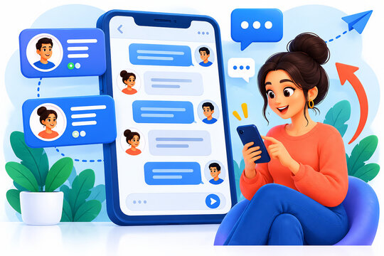 Colorful chat app conversation scene with a smiling young woman holding a smartphone and messaging bubbles