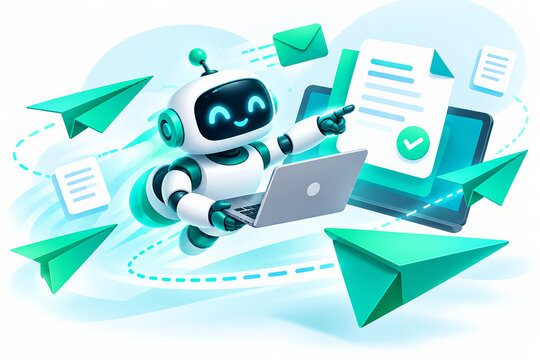 Cute white and teal ai robot assistant holding laptop surrounded by flying paper airplanes, envelopes, and documents