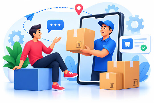 Friendly online delivery service featuring a courier handing a package through a smartphone screen to a customer sitting on a box