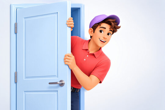 Friendly 3D delivery man in red shirt and purple cap peeking from behind a light blue door