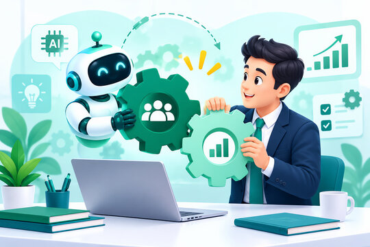 Human and ai robot character gear up for innovation, working together with laptop and cogs