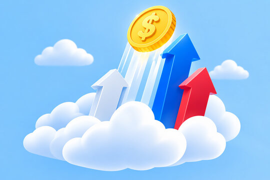 Golden coin taking flight with upward arrows and clouds in a 3D financial growth concept