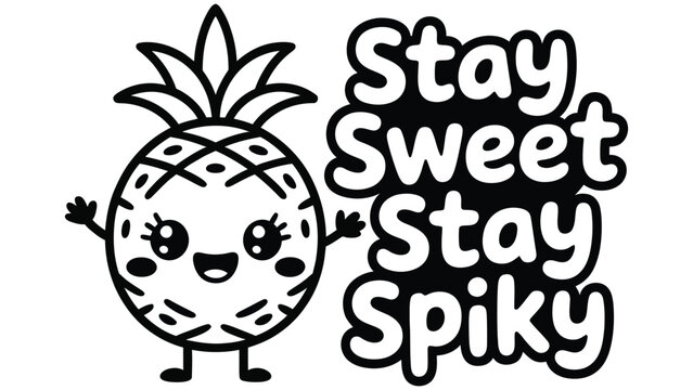 Happy cartoon pineapple character with a smiling face and spiky leaves next to the bold text stay sweet stay spiky on a white background