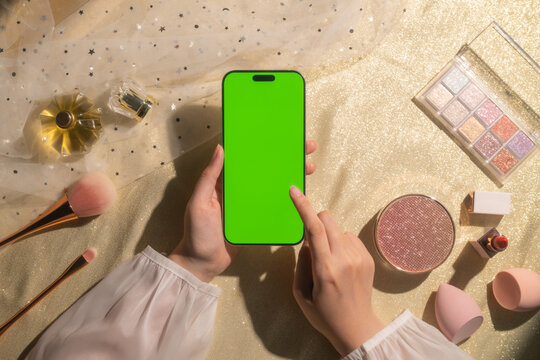 Woman's hands holding a green screen smartphone