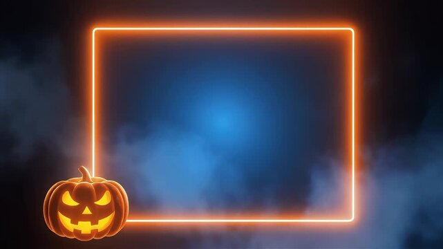 Glowing orange neon Halloween frame with scary glowing pumpkin and smoke against a dark blue background