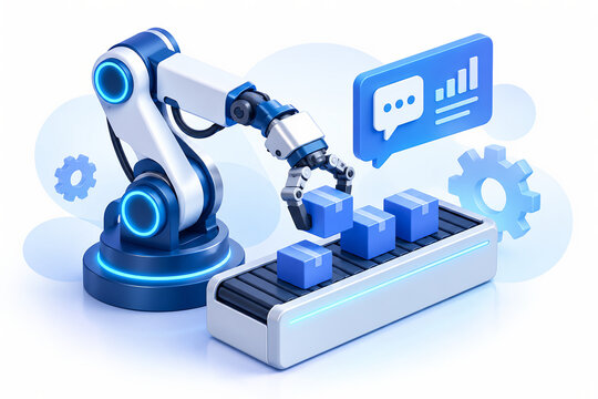 Robotic arm assembling and moving blue boxes on a conveyor belt with analytics speech bubble and gears in 3D