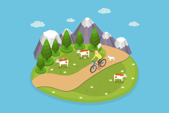 3D Isometric Flat Vector Illustration of Rural Bike Riding, Active Lifestyle For Seniors Promoting Health And Wellness