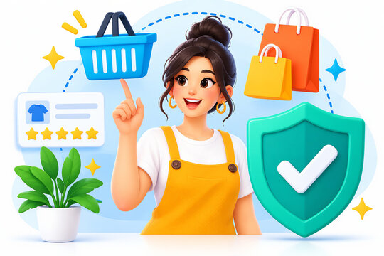 Secure online shopping 3D with a smiling woman, shopping basket, security shield, and paper bags