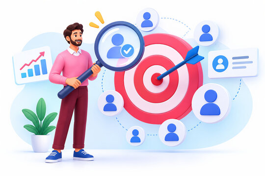 Targeted audience selection 3D featuring a businessman holding a magnifying glass in front of a red target and user profile icons