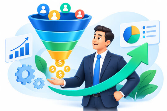 Sales funnel growth with businessman, charts, and coins growth chart business marketing funnel