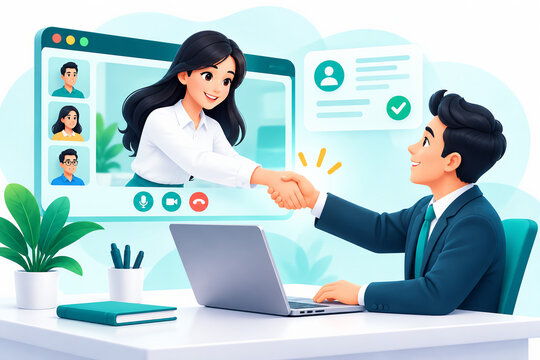 Virtual handshake for success: businessman and woman on laptop screen shaking hands in conference