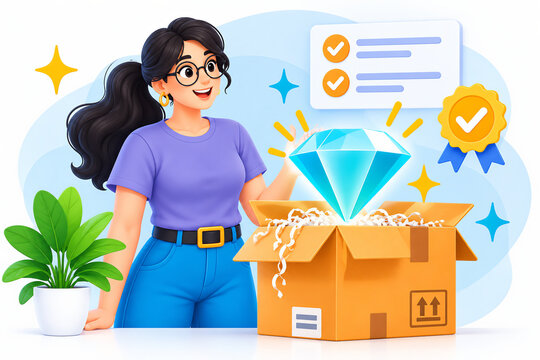 Woman opening cardboard delivery box with glowing blue diamond gem, checklist, and badge 3D