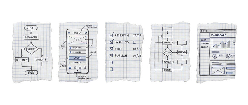 UX design wireframe flowchart sketch on torn grid paper illustrating app development steps workflow checklist dashboard interface concept strategy for web software project management startup solution