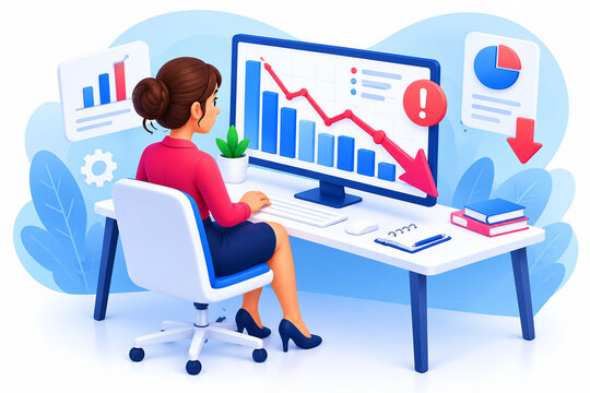 Worried analyst facing declining data, 3D of woman looking at computer screen with negative financial chart and red arrow