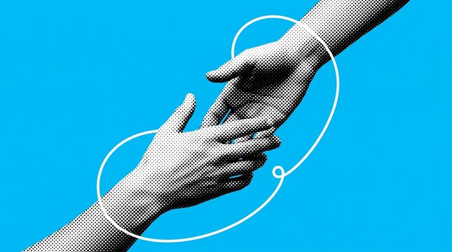 Two halftone hands reaching out towards each other connected by a thin white line on blue with collaboration