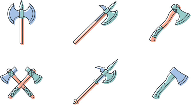 Medieval Battle Axe and Halberd Icon Set with Ancient Viking Weapons, Crossed Tomahawks, and Polearms for Gaming, Fantasy RPG, and Graphic Designs