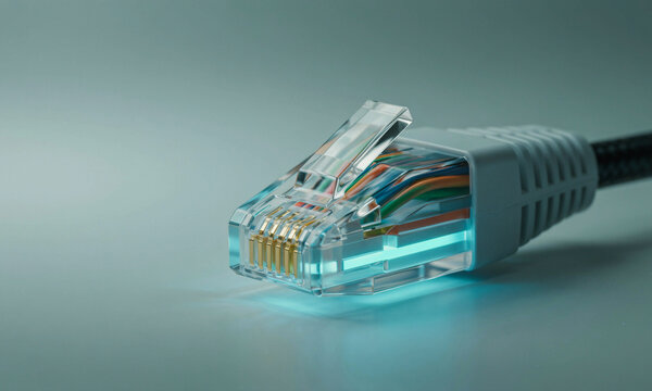 Transparent RJ45 Ethernet network cable connector plug with gold pins and glowing blue light on light background.