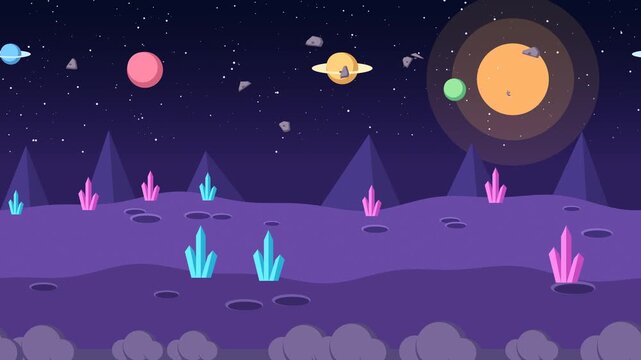 Cartoon Alien Planet with Crystals and Planets Flat Parallax Loop