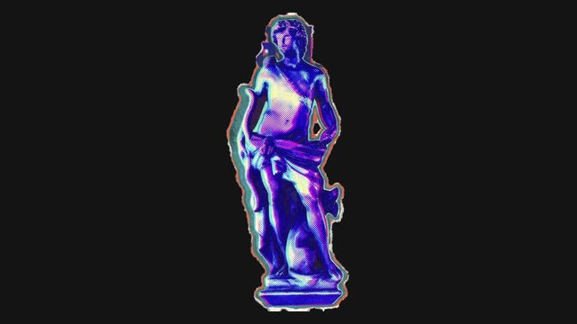 A colourful and vibrant riso-print style drag and drop peel-and-stick paper sticker featuring a Greek statue.
