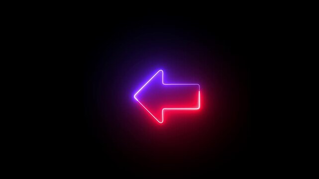 Glowing neon red and blue arrow pointing to the left on a dark black background bright light effect in the shape of a leftward
