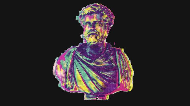 A colourful and vibrant riso-print style drag and drop peel-and-stick paper sticker featuring a Greek statue.
