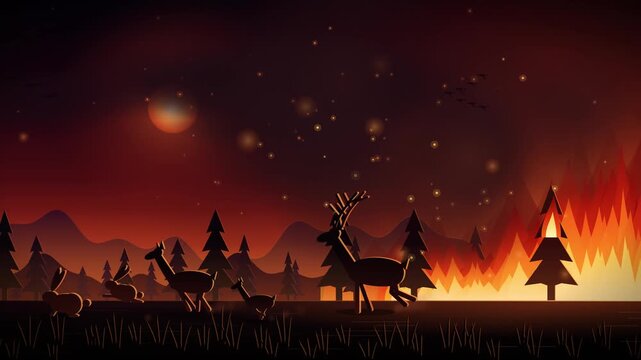 Wildfire Forest Animation with Running Deer and Rabbits in a Burning Woodland