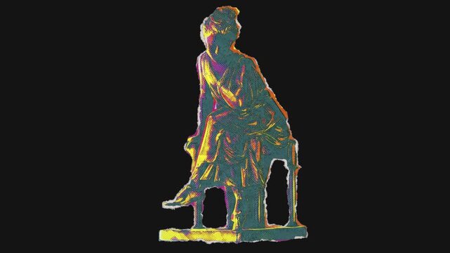 A colourful and vibrant riso-print style drag and drop peel-and-stick paper sticker featuring a Greek statue.
