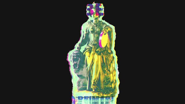 A colourful and vibrant riso-print style drag and drop peel-and-stick paper sticker featuring a Greek statue.
