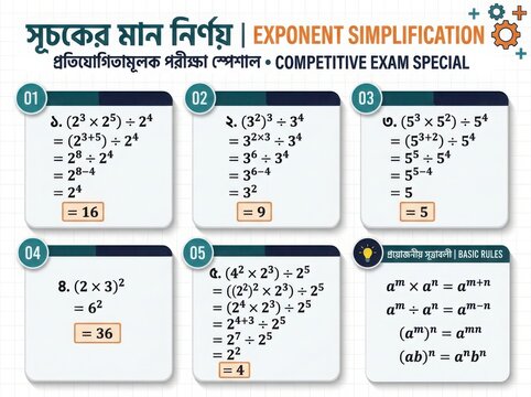 Exponent simplification math problems with basic rules for competitive exam preparation study guide