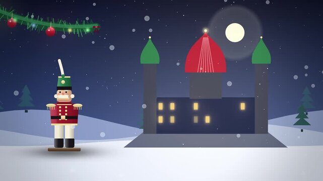 Navy blue nutcracker and candy palace in snow room scene endless loop
