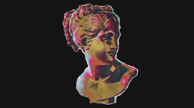 A colourful and vibrant riso-print style drag and drop peel-and-stick paper sticker featuring a Greek statue.
