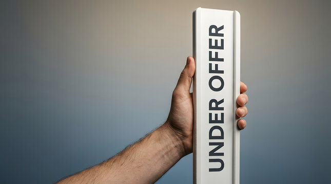 Under offer, hand and holding white sign for real estate, property sale and housing market. Home, commercial buying and residential deal with success, sold building and investment for mortgage