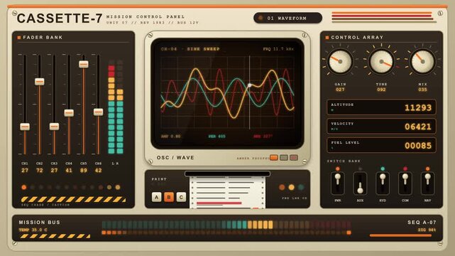 Retro Sci-Fi Mission Control Panel Loop with animated oscilloscope radar scope meters and audio faders
