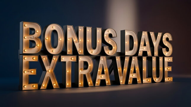 Bonus days promotion, extra value and marquee sign with bulbs for marketing, sales discount and retail offer. Cinema style, illuminated letters and 3D typography for advertising and store deals