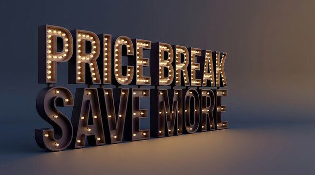 Price break, save more and marquee sign with lights, discount and sale promotion. Retail advertising, marketing and typography with bulbs, glowing letters and 3D text for offer, commerce and deals