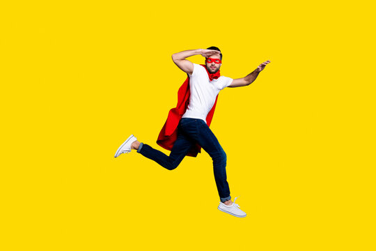 Full length body size view of his he nice-looking attractive virile masculine sportive macho bearded guy running looking for friend opportunity isolated over gray pastel background