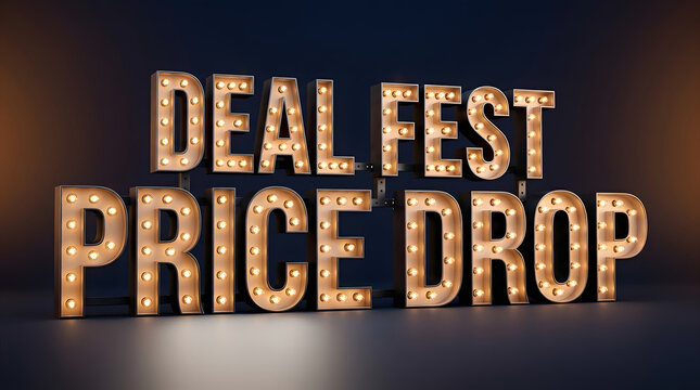 Price drop, sale and discount with marquee lights for shopping event, promotion and seasonal deal. Commercial, advertising and offer with marquee sign, clearance, retail and fest market savings