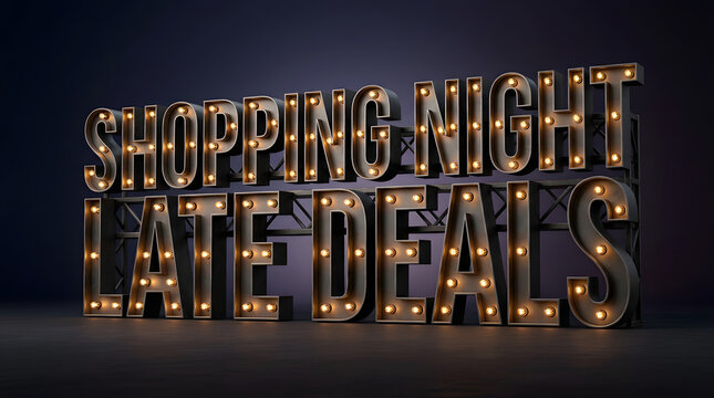 Shopping night deals, marquee sign and light bulbs for retail sales, promotion and marketing campaign. Late offer, discount and event for customer, store and commercial display with glowing letters