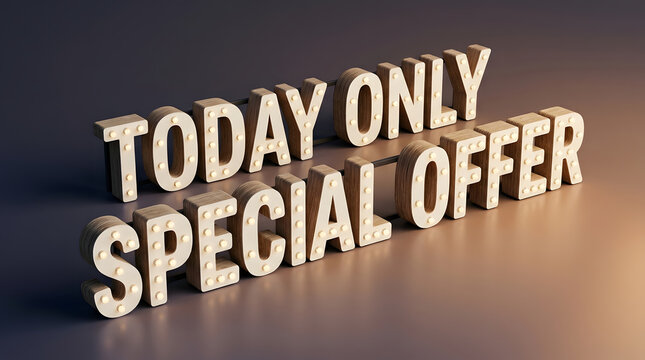 Today only special offer with light bulbs on wood letters for marketing, sale and retail discount. Promotion, advertising and commercial deal with marquee sign, clearance and price reduction. Save.