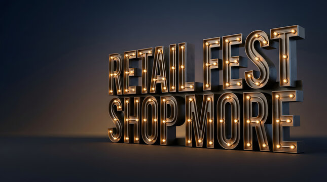 Retail festival, shopping event and marquee sign for business promotion, store sales and commercial marketing. Big marquee lights, shop more display and seasonal offer for consumer advertising