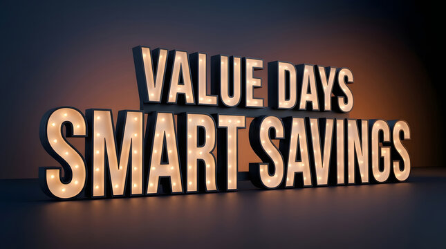 Discount, sale and promotional offer with 3D marquee sign for value days and smart savings. Marketing, retail and advertising with glowing letters for store deals, commerce and customer bargain tag