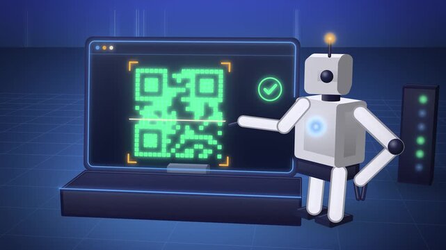 Humanoid robot with QR code close-up coming to life motion graphics