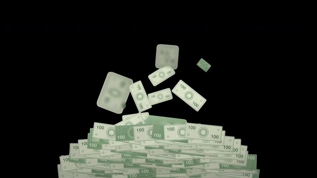 Dollar bills falling onto cash stack alpha channel matte loop