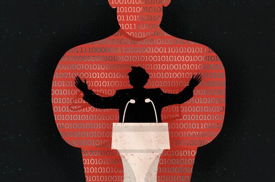 A politician stands in front of AI