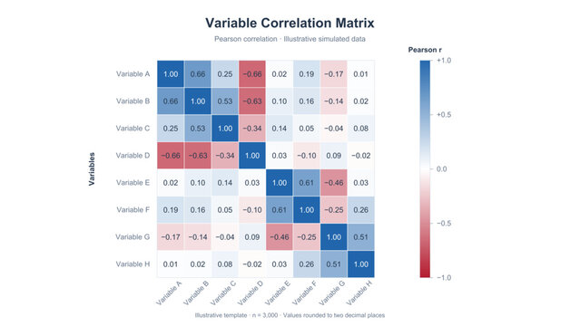 Correlation Heatmap Matrix Template, Pearson Correlation Coefficient Chart with Diverging Color Scale for Data Science and Statistical Analysis