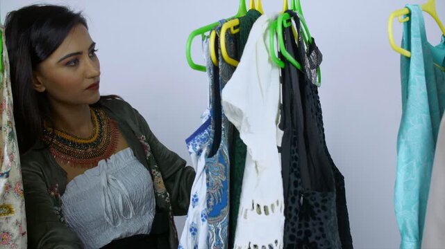 Closeup shot of a beautiful Indian girl doing shopping in a female boutique. Young attractive woman searching dresses for her wardrobe in the women's section of a newly opened fashion store