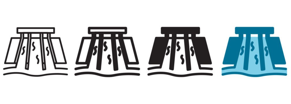Dam structure icon featuring a solid concrete gravity barrier, spillway gates, vertical structural piers, and flowing reservoir water representing hydroelectric power generation and civil engineering.