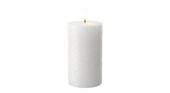 A single white pillar candle burning with a steady flame isolated against a clean white background